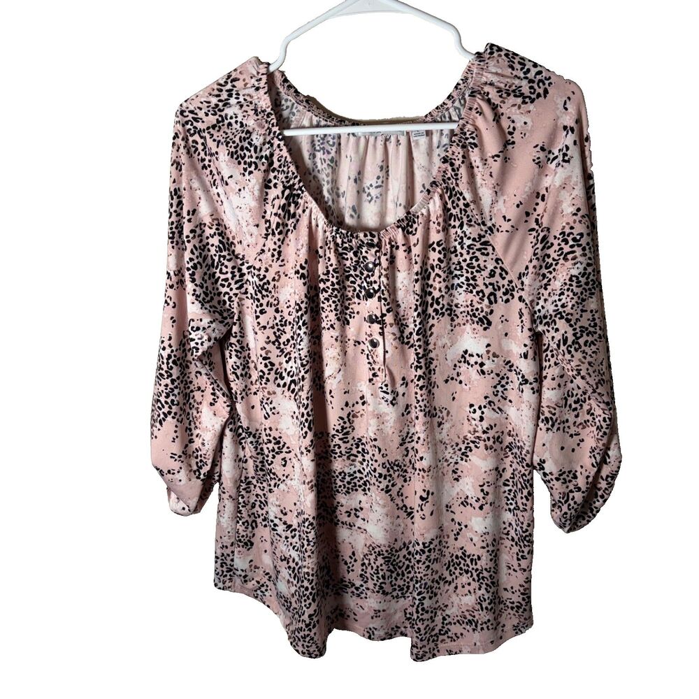 Notations Blouse Women's Large Round Neck Pink 3/4 Sleeve Popover Casual